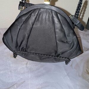 Vintage Black Satin Evening Clutch Bag with Gem Accents & Crossbody Strap